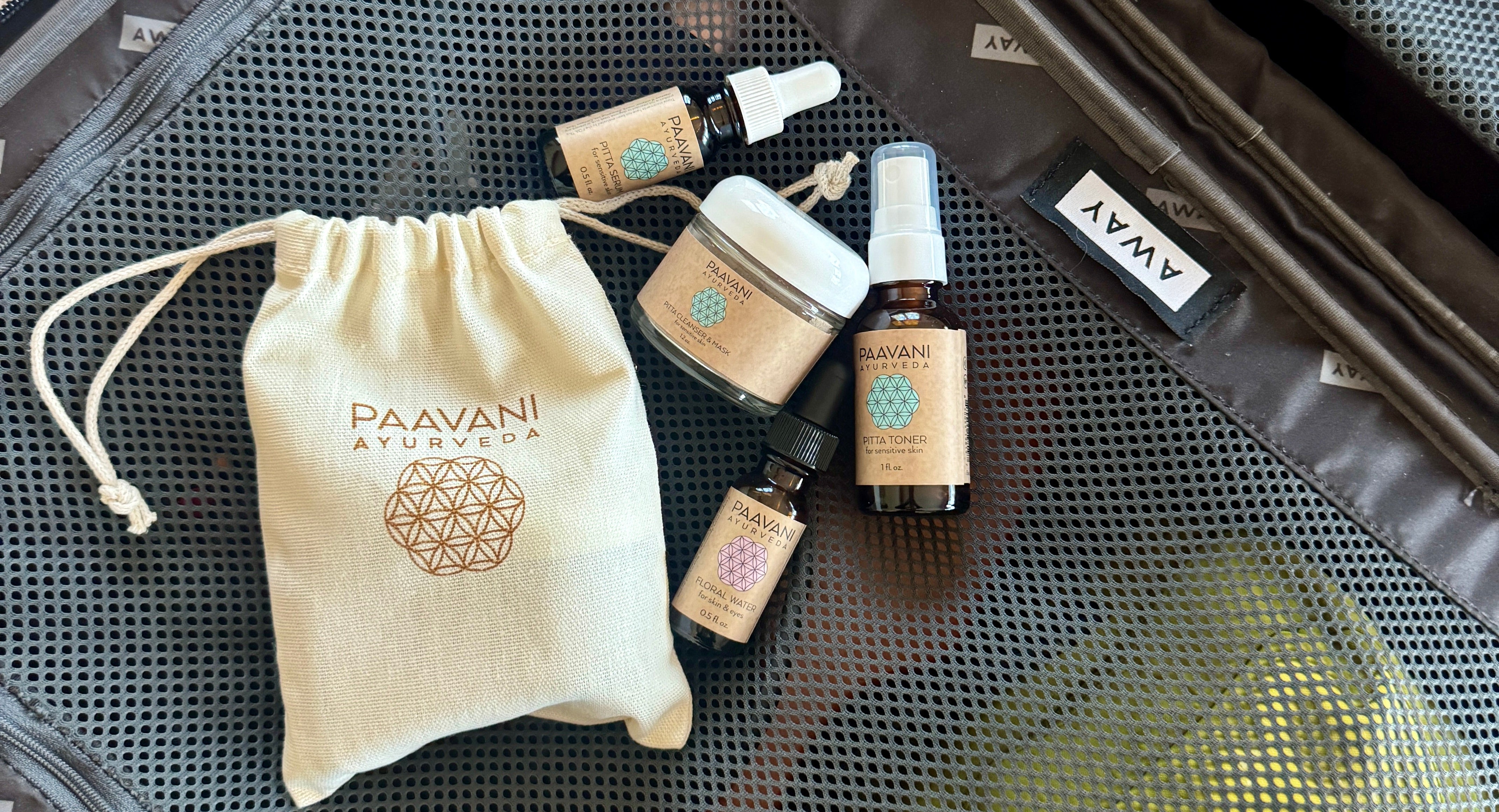 Travel-size Ayurvedic products designed to support balance during flights & long days.