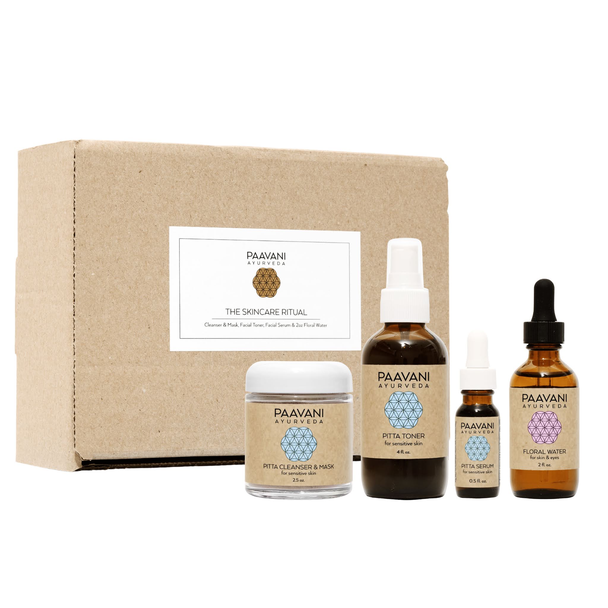 PAAVANI Ayurveda skincare product set including bottles and a jar on a beige background