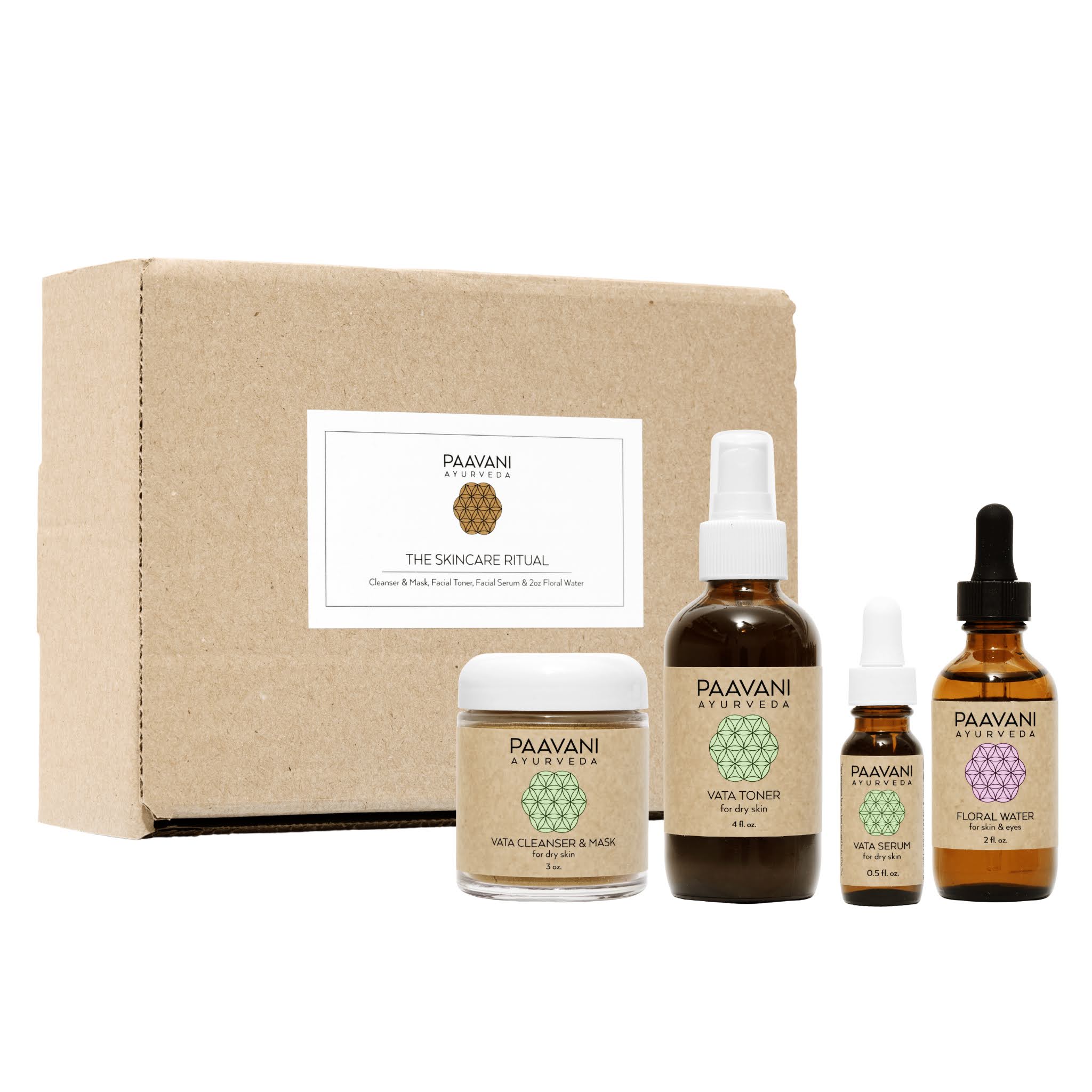 PAAVANI Ayurveda skincare products for dry skin set including bottles and a box on a white background