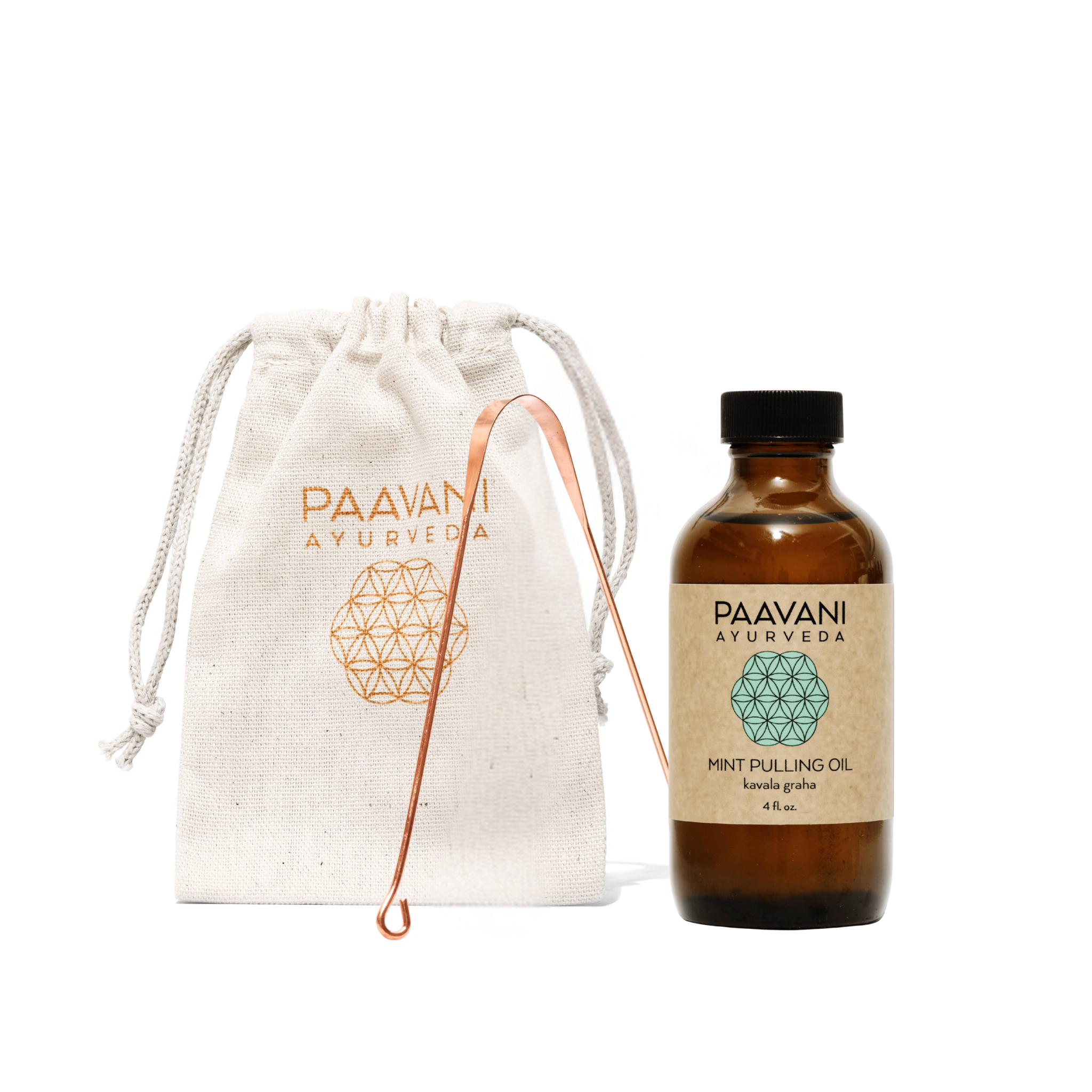 Paavani Ayurveda mint pulling oil bottle with a copper tongue cleaner and drawstring bag. All part of the oral care ritual