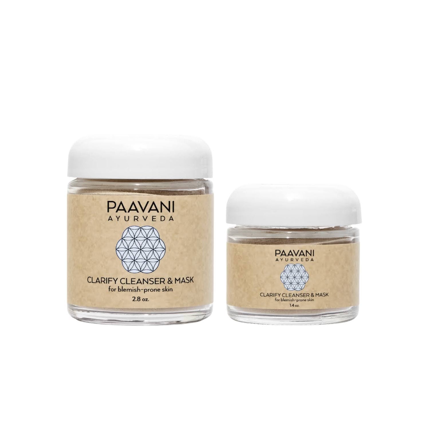 Two jars of Paavani Ayurveda Clarify cleanser and mask products on a white background