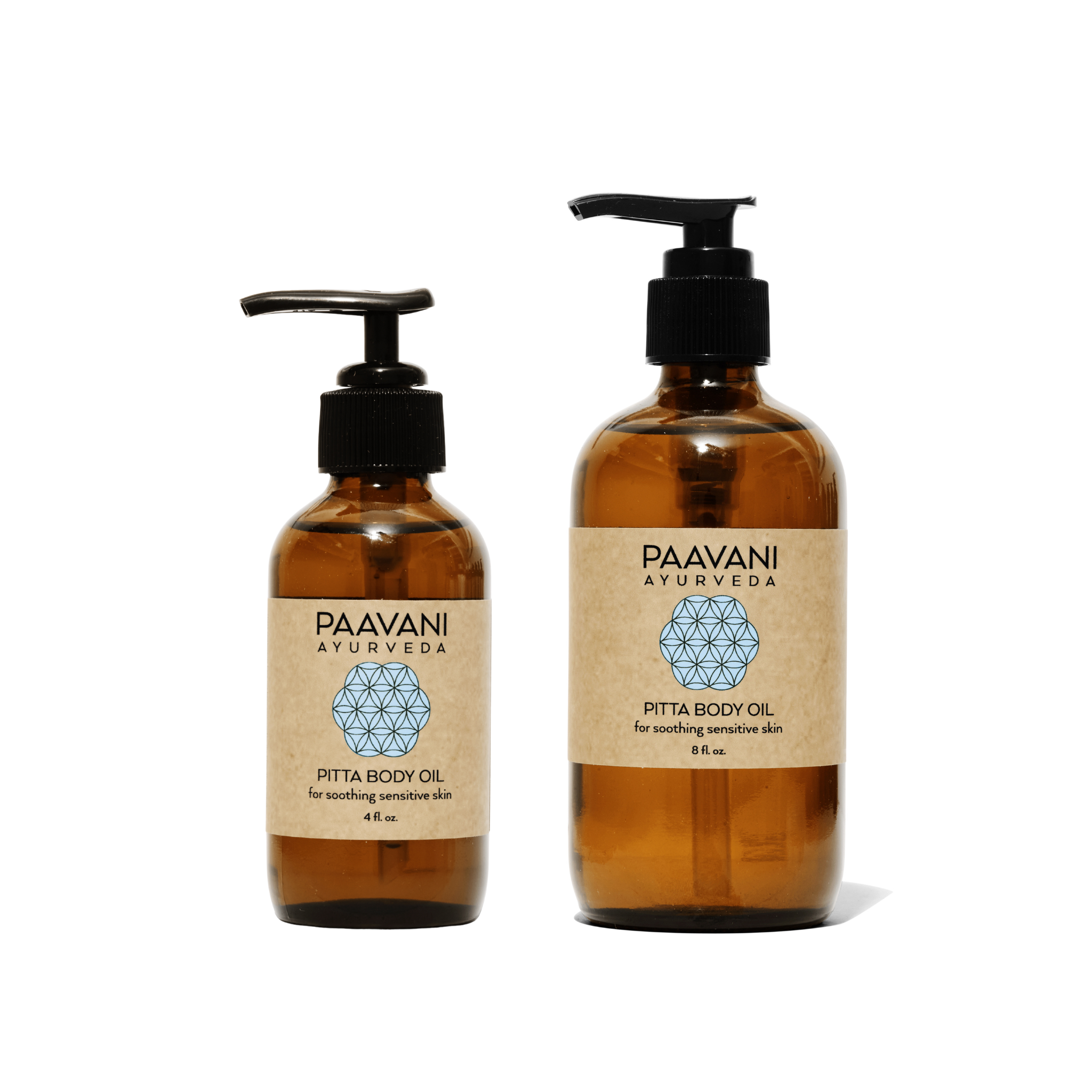 Two sizes of Paavani Ayurveda Pitta Body Oil on a white background