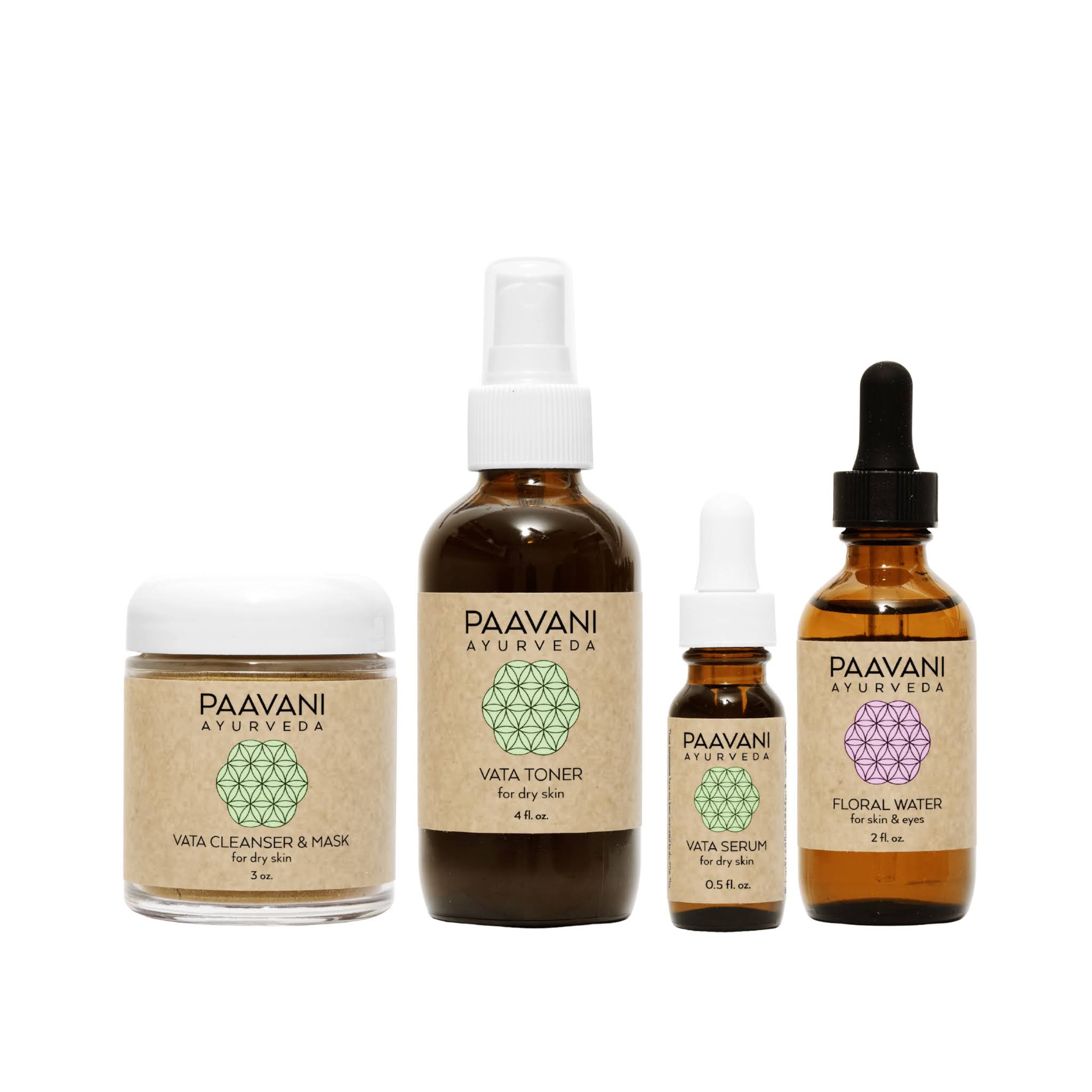 Set of Paavani Ayurveda skincare products for dry skin on a white background