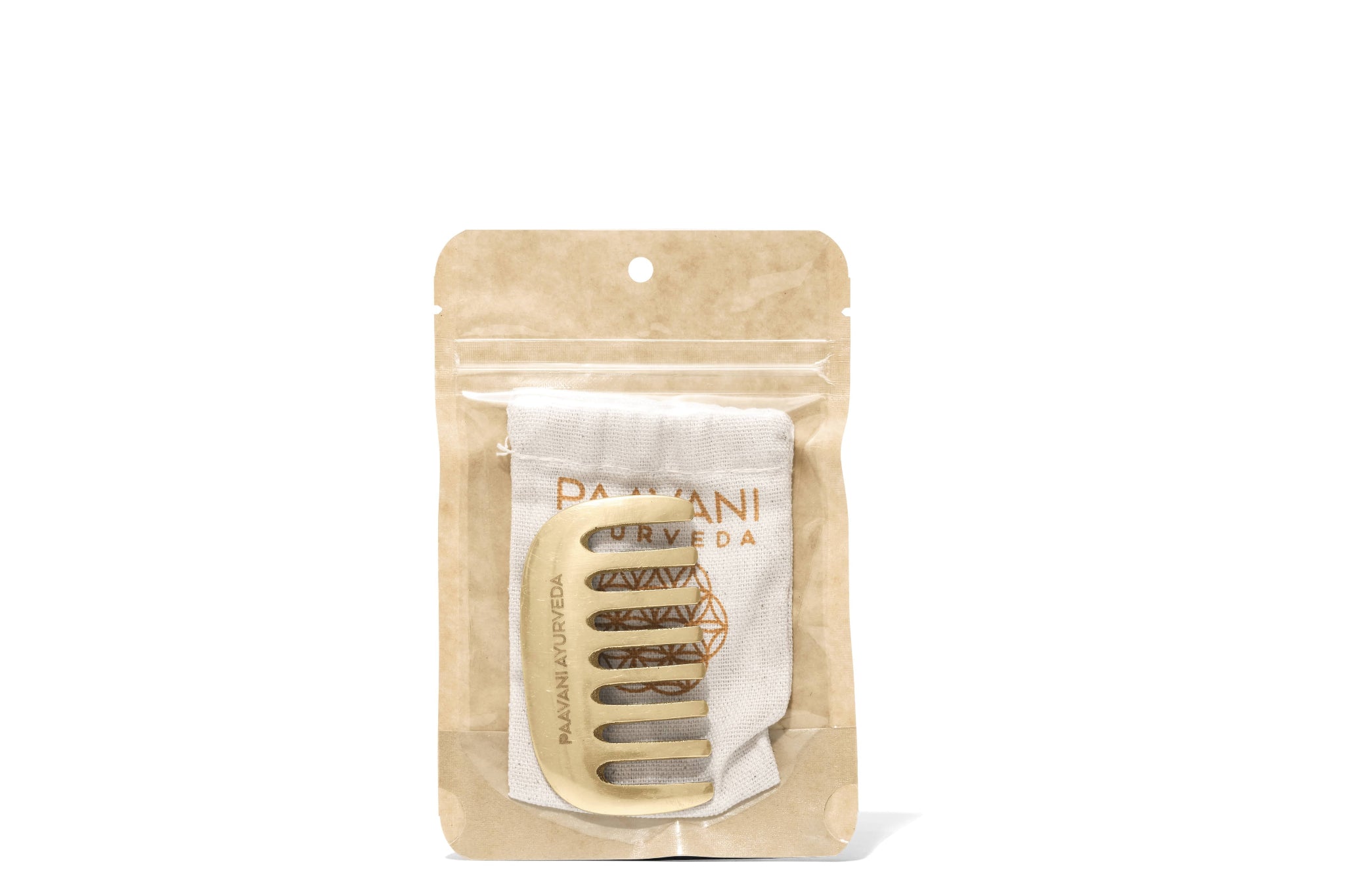 Hair comb in a branded packaging on a white background made of kansa