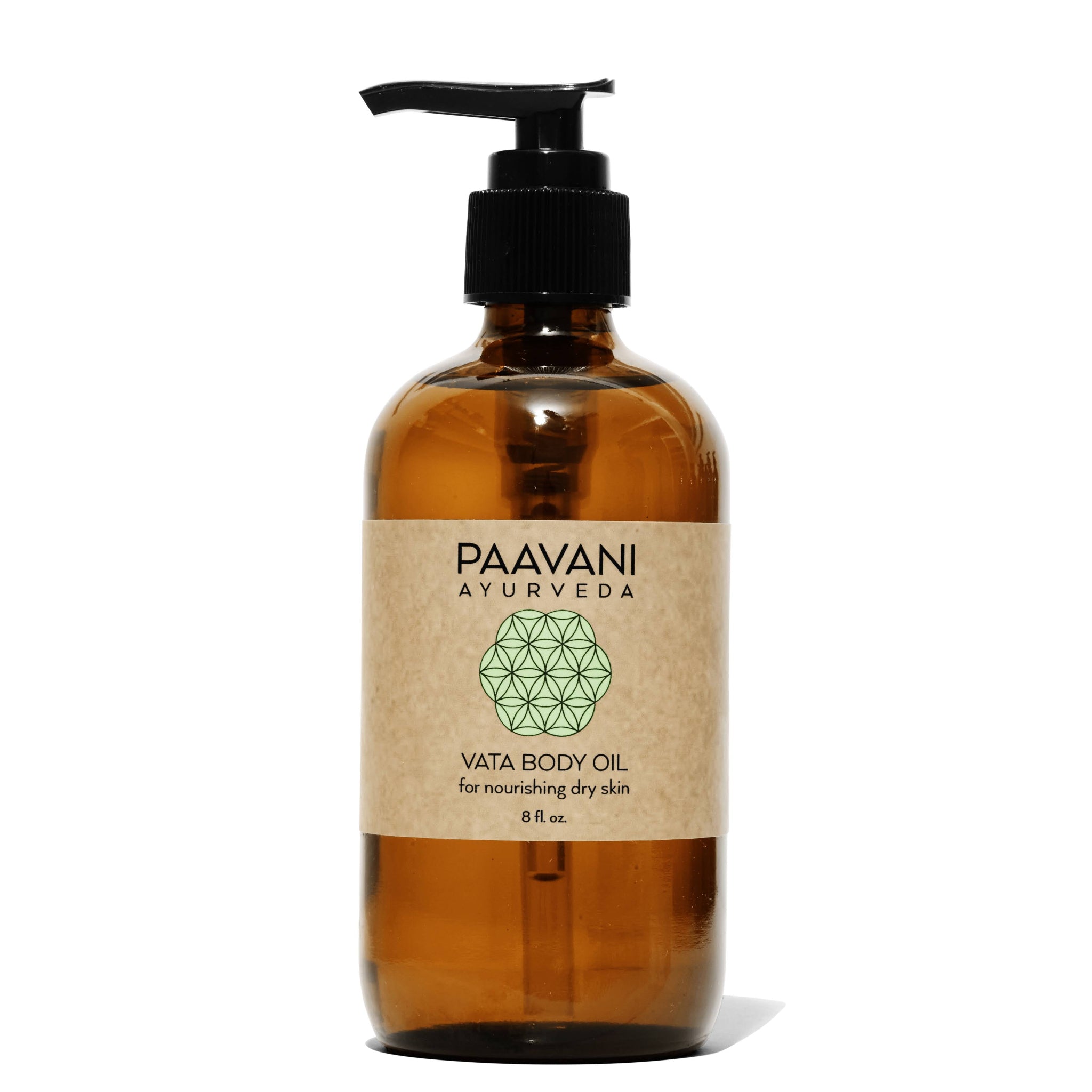 Brown bottle of Paavani Ayurveda Vata Body Oil with pump on a white background