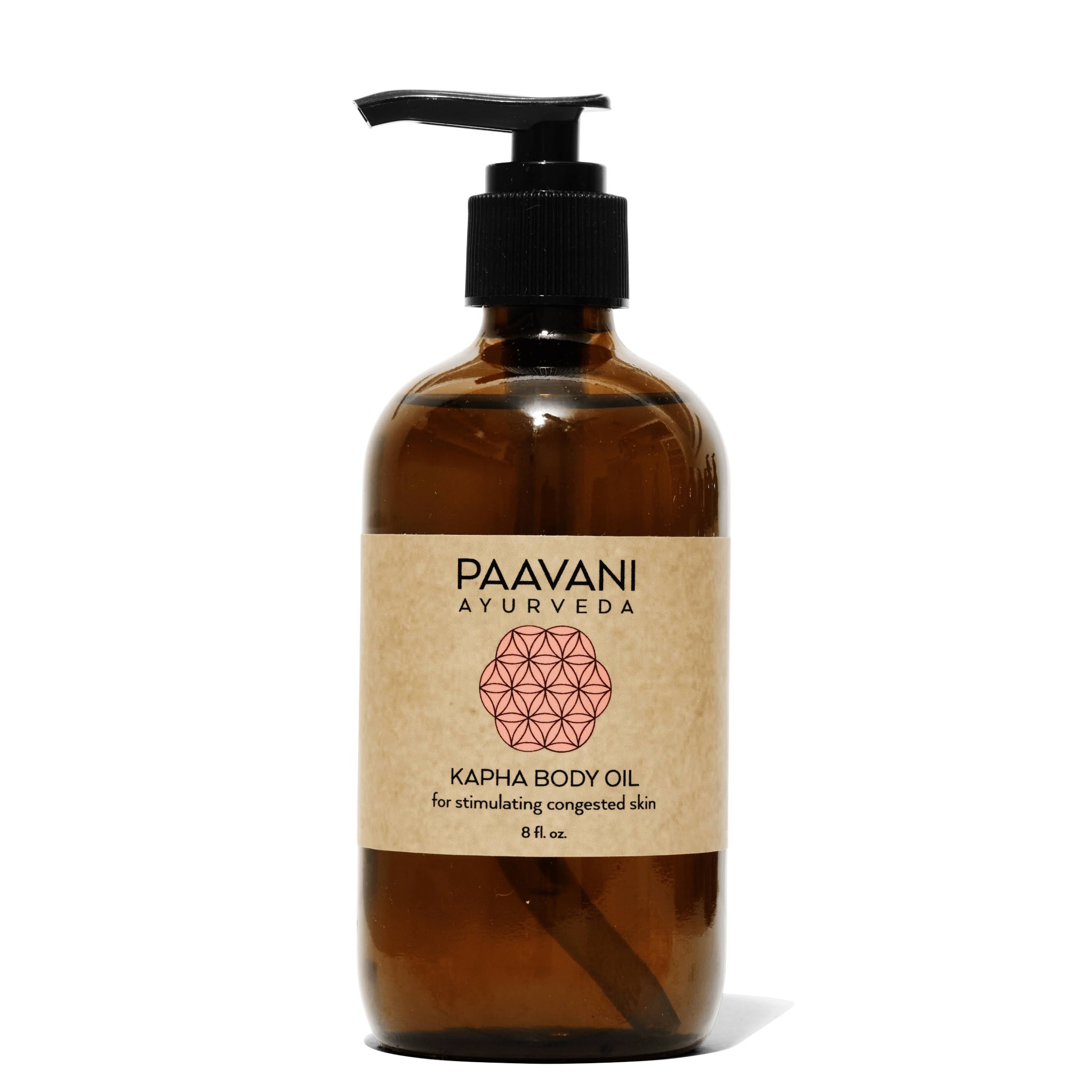 Brown bottle of Paavani Ayurveda Kapha Body Oil with pump on a white background