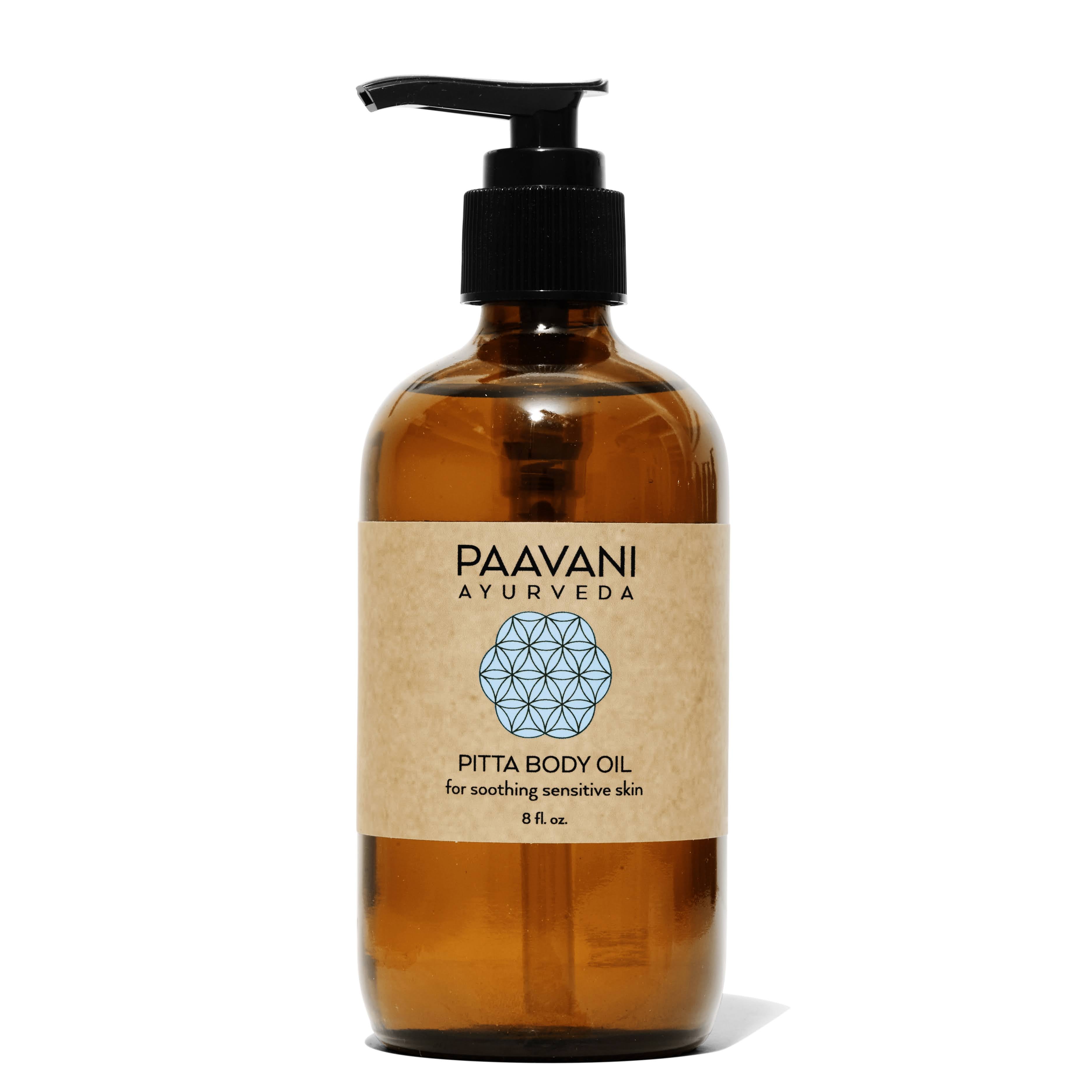 Brown bottle of Paavani Ayurveda Pitta Body Oil with pump on a white background