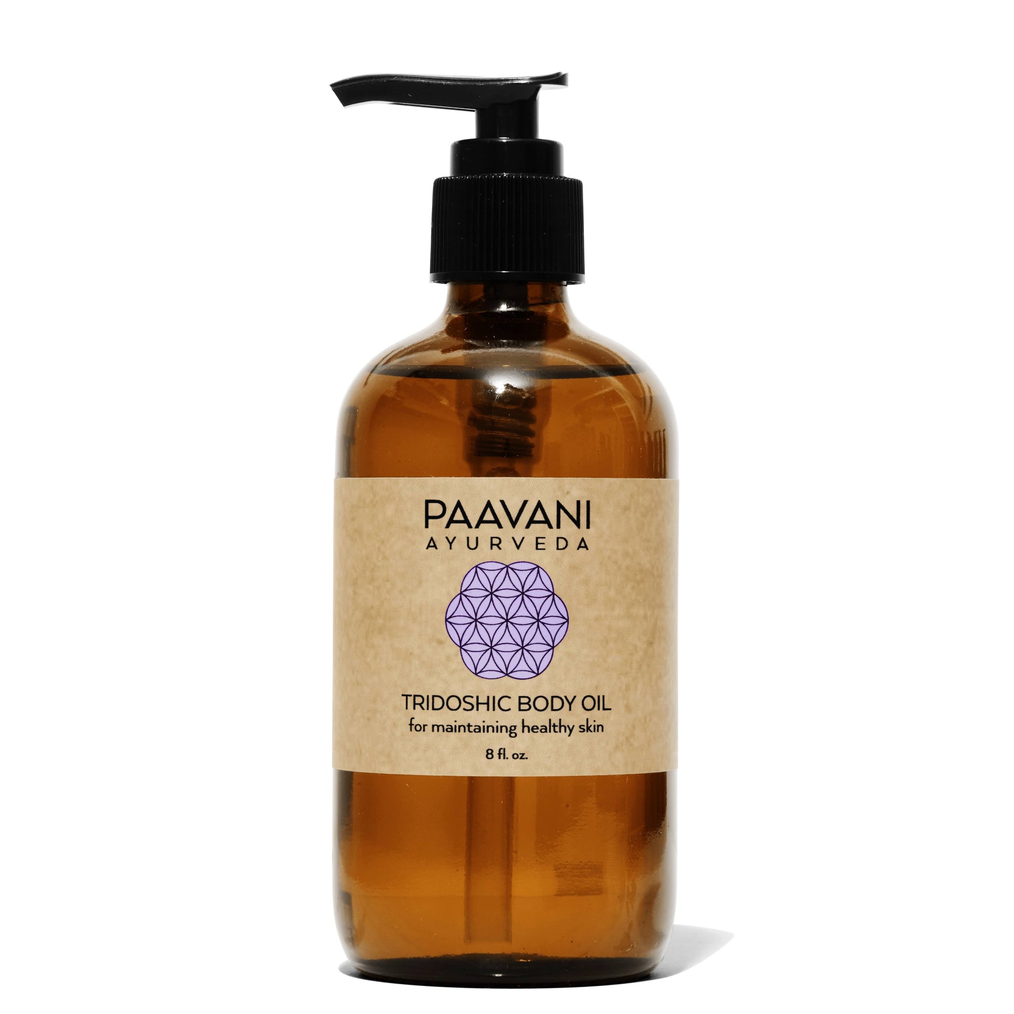 Brown bottle of Paavani Ayurveda Tridoshic Body Oil on a white background