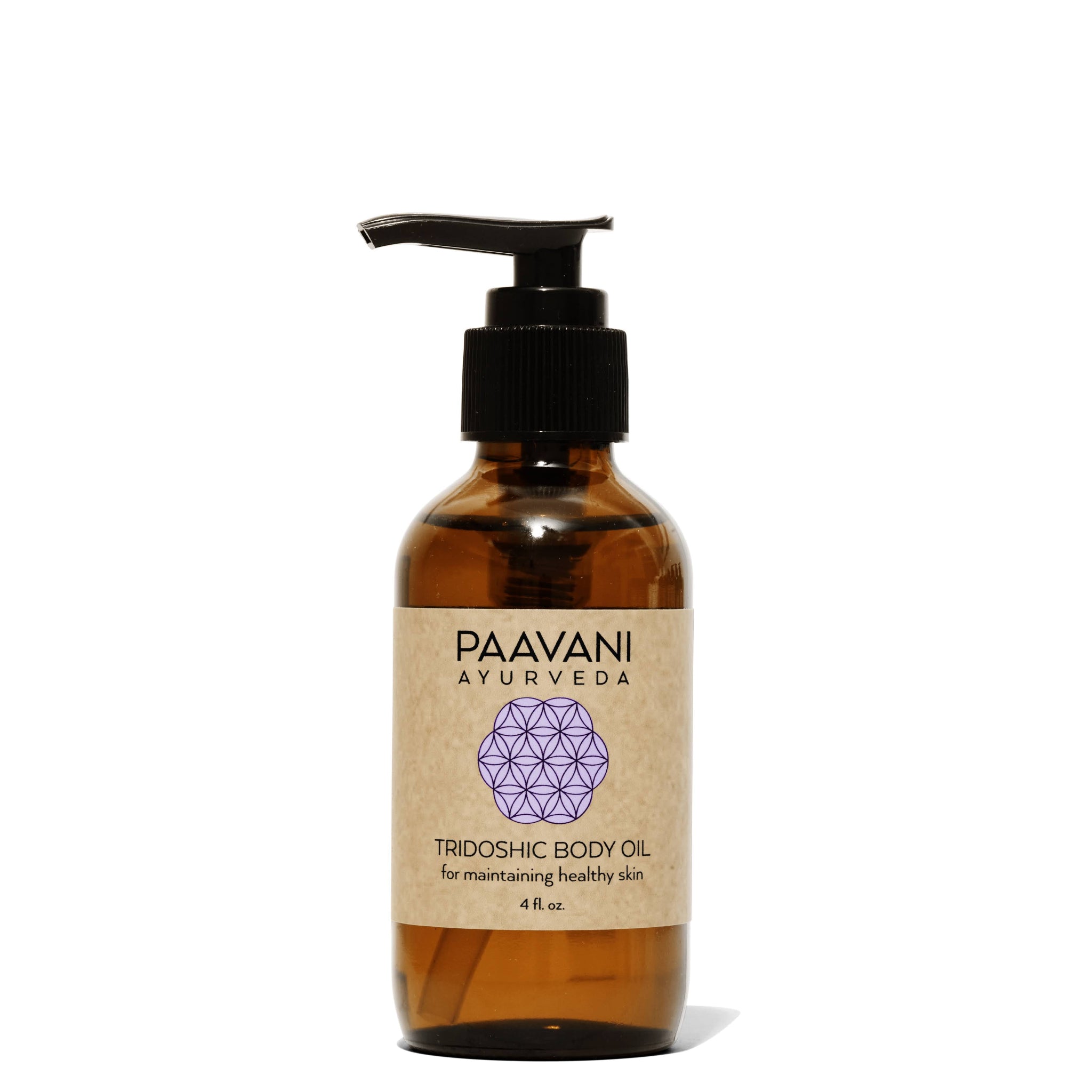 Brown bottle of Paavani Ayurveda Tridoshic Body Oil with pump on a white background