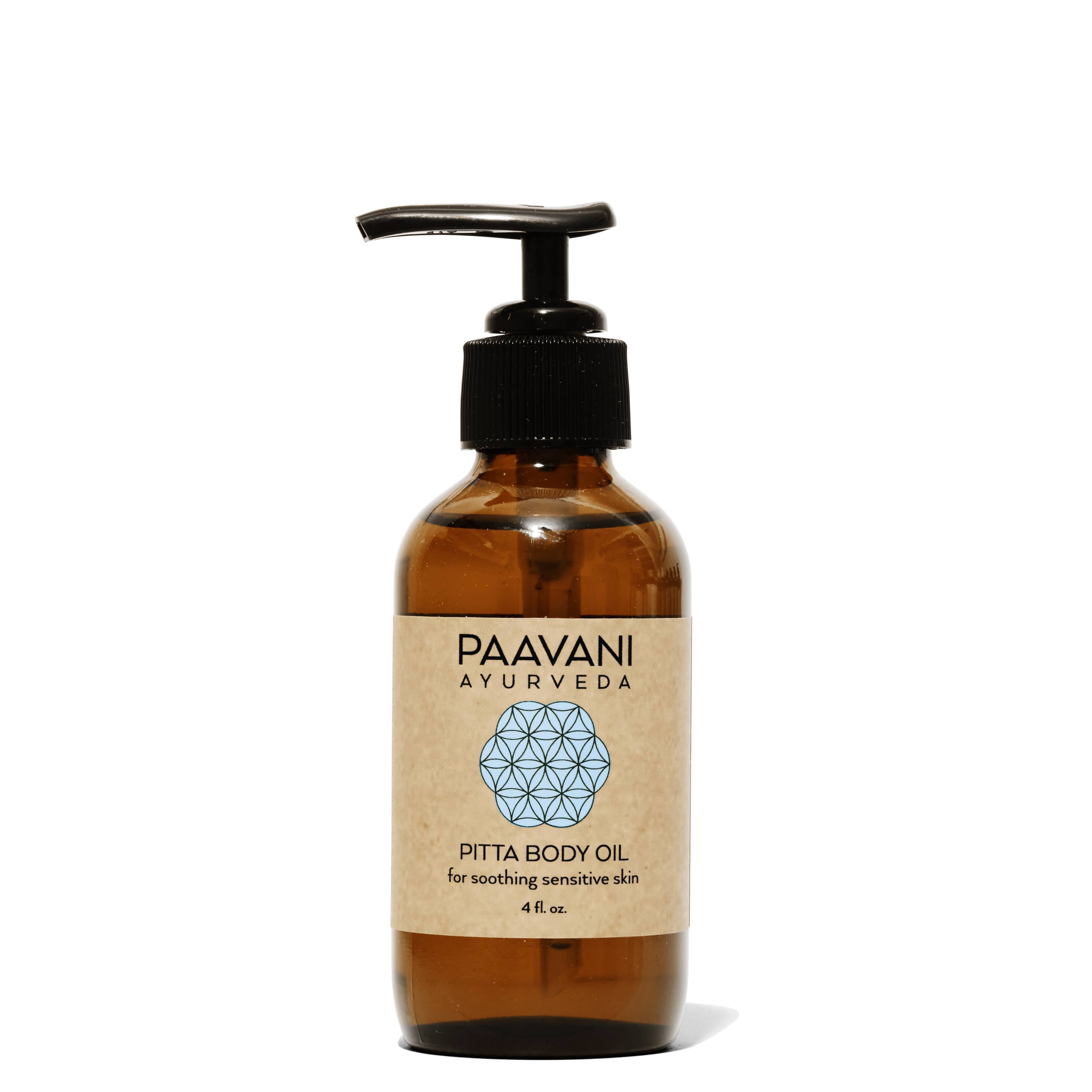 Brown bottle of Paavani Ayurveda Pitta Body Oil with a pump on a white background