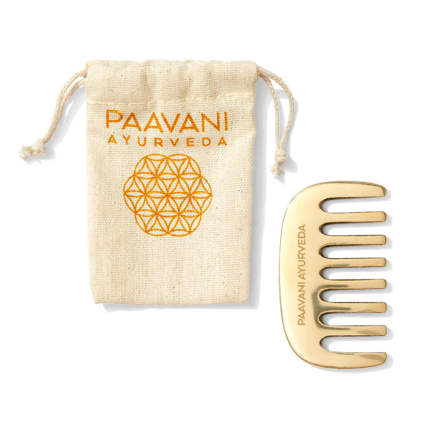 Kansa comb and cloth storage pouch with 'Paavani Ayurveda' branding on a white background