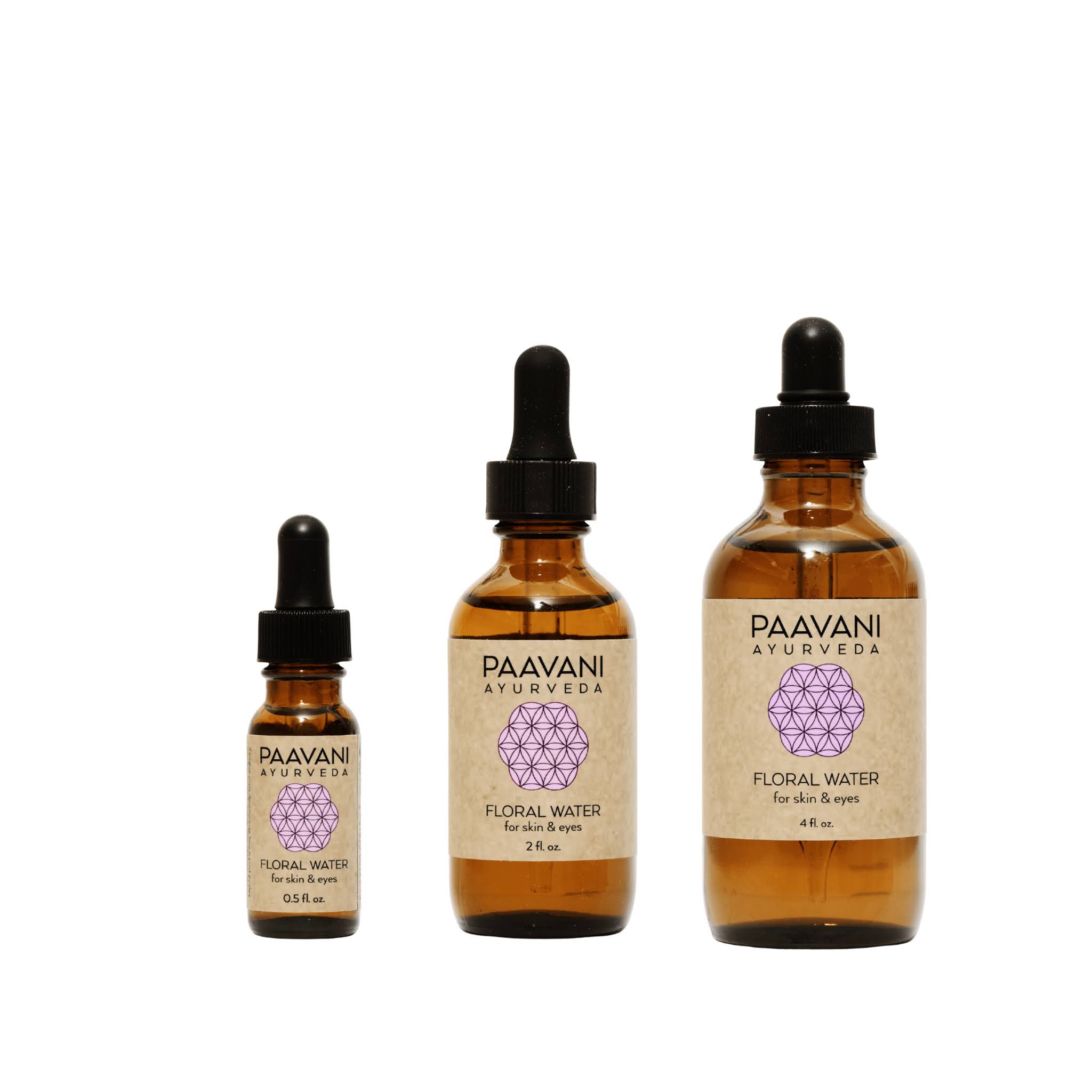 Three bottles of Paavani Ayurveda floral water on a white background