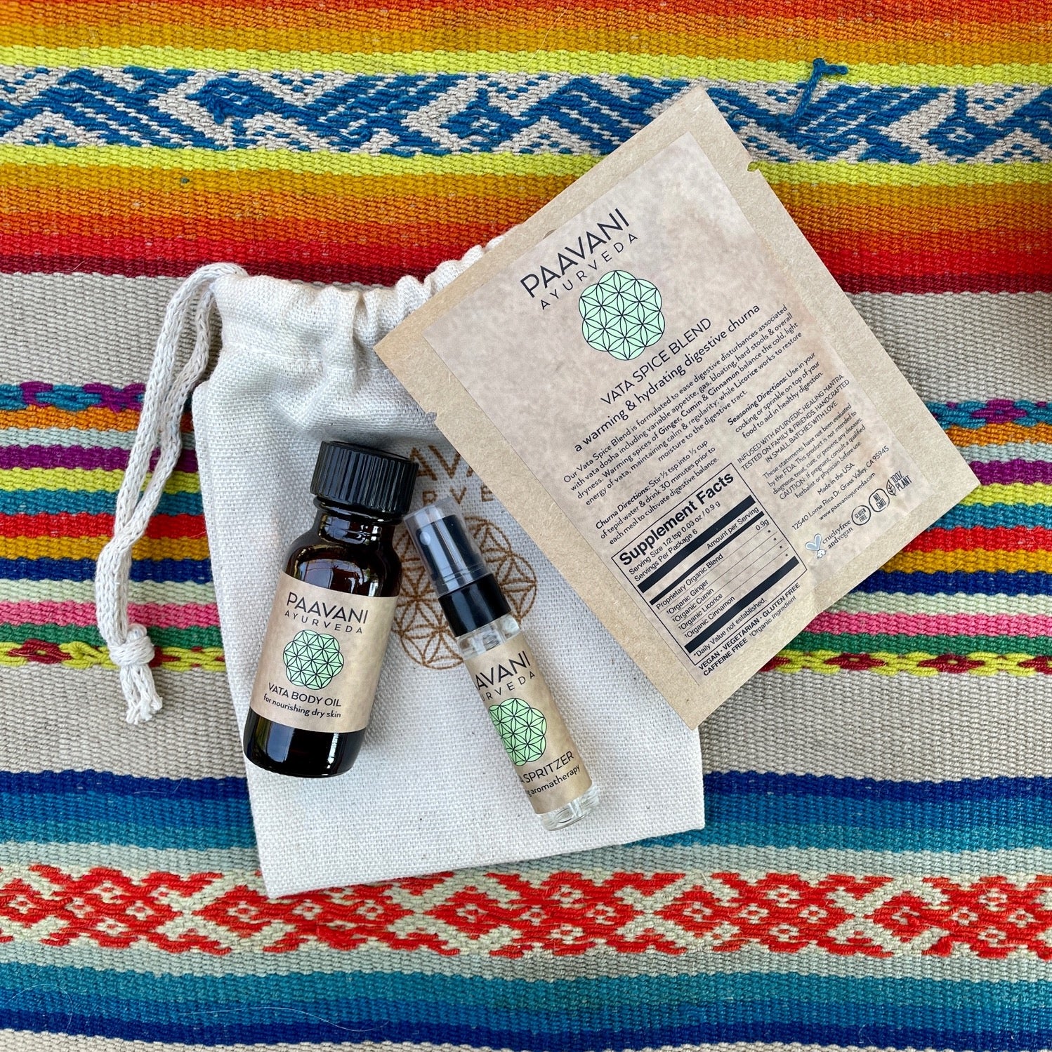 Fall Sampler Kit by PAAVANI Ayurveda – Exclusive Ayurvedic travel set with Vata Body Oil, Aromatherapy Spritzer, Digestive Spice Blend & reusable pouch.