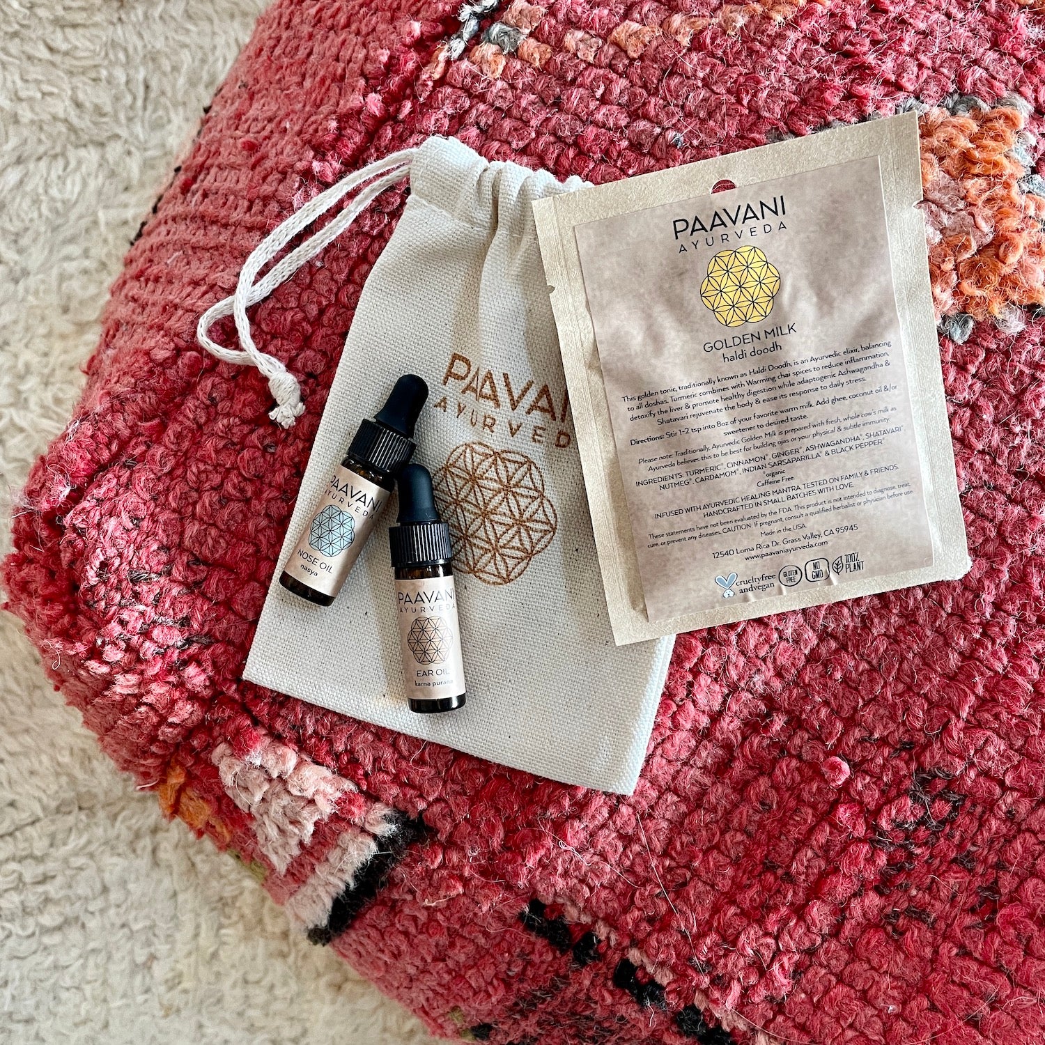 Winter Sampler Kit by PAAVANI Ayurveda – Exclusive Ayurvedic travel set with Nose Oil, Ear Oil, Golden Milk & reusable pouch for seasonal nourishment.
