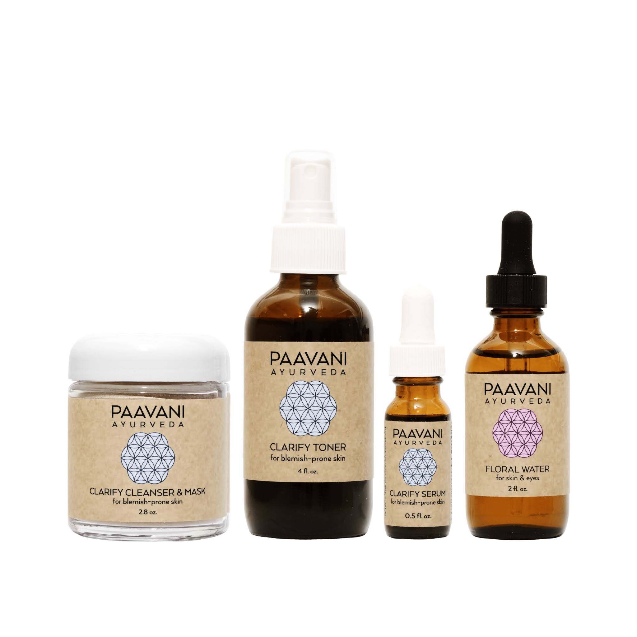 Set of Paavani Ayurveda skincare products on a white background