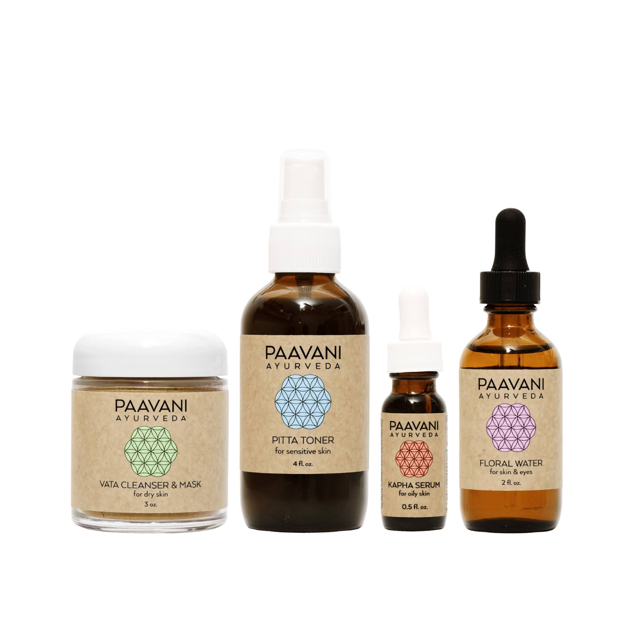 Set of Paavani Ayurveda skincare products on a white background