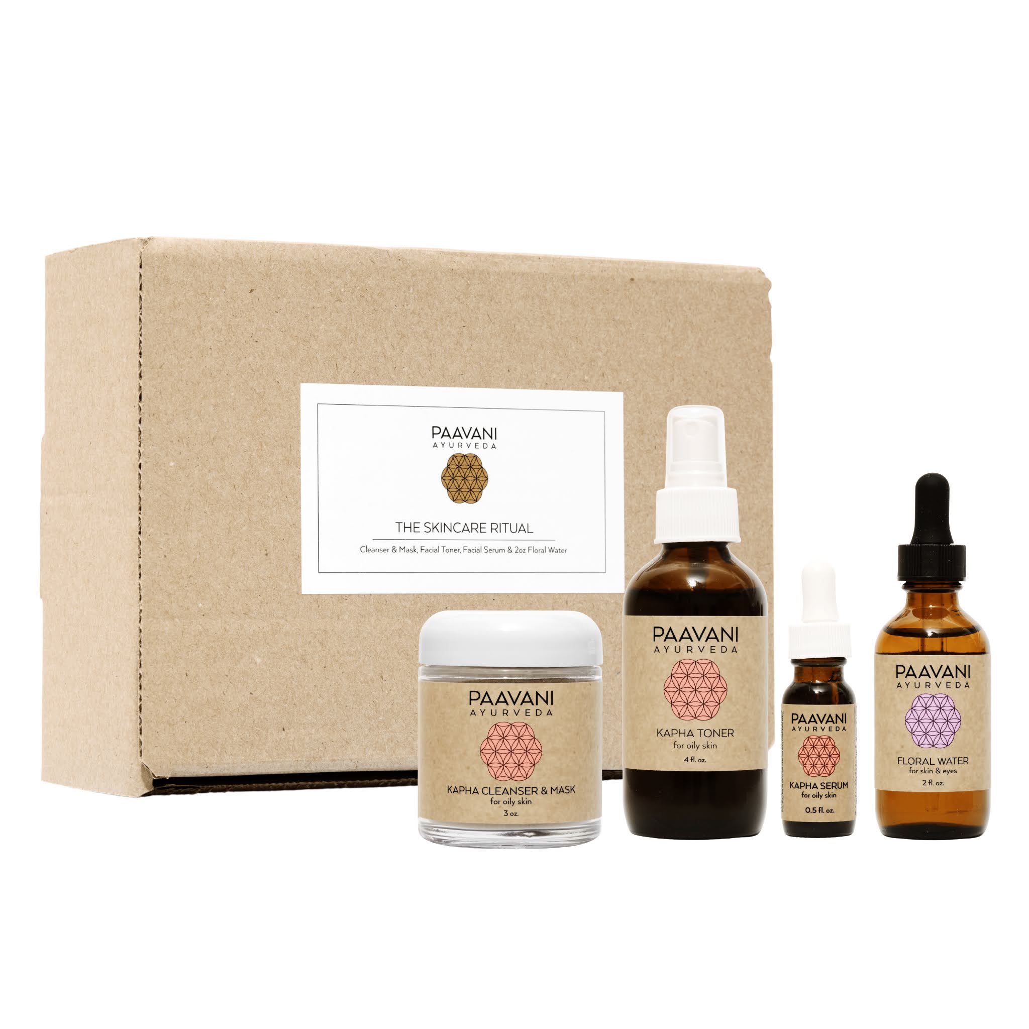 PAAVANI Ayurveda skincare product set including bottles and a jar on a white background