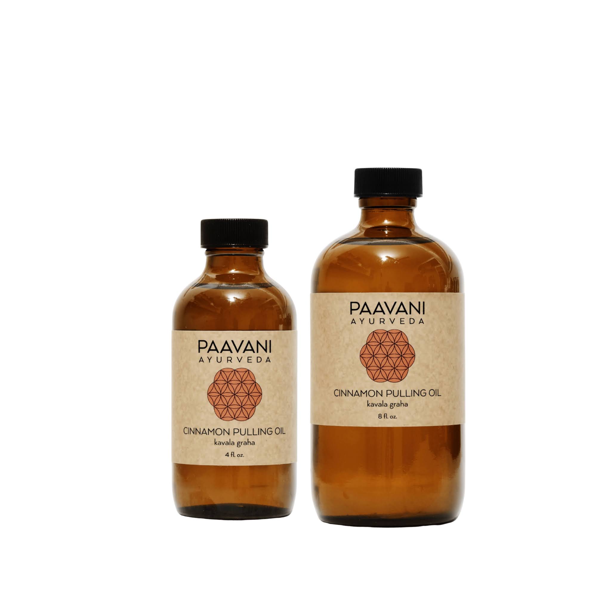 Two bottles of Paavani Ayurveda Cinnamon Pulling Oil on a white background