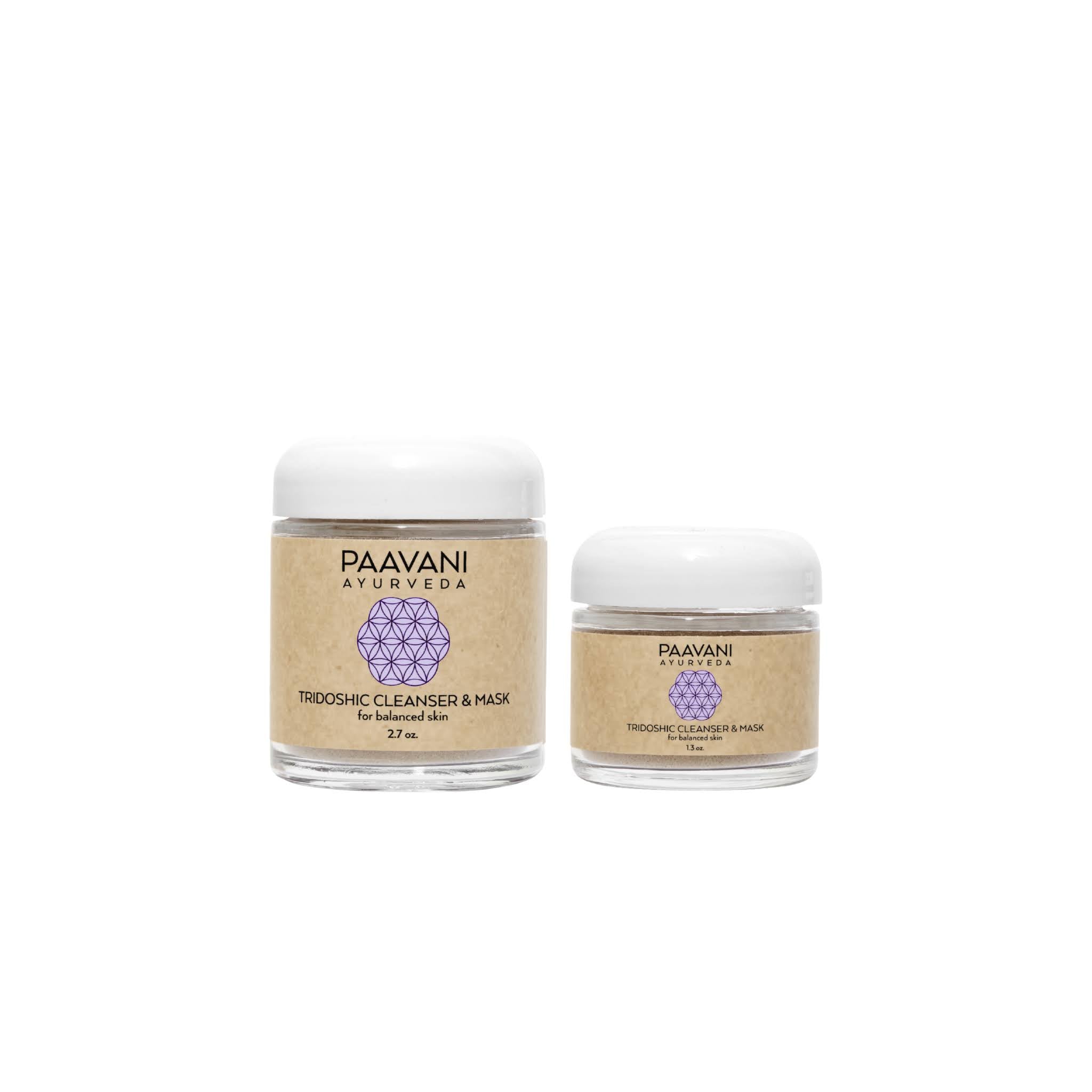 Two jars of Paavani Ayurveda Tridoshic cleanser and mask products on a white background