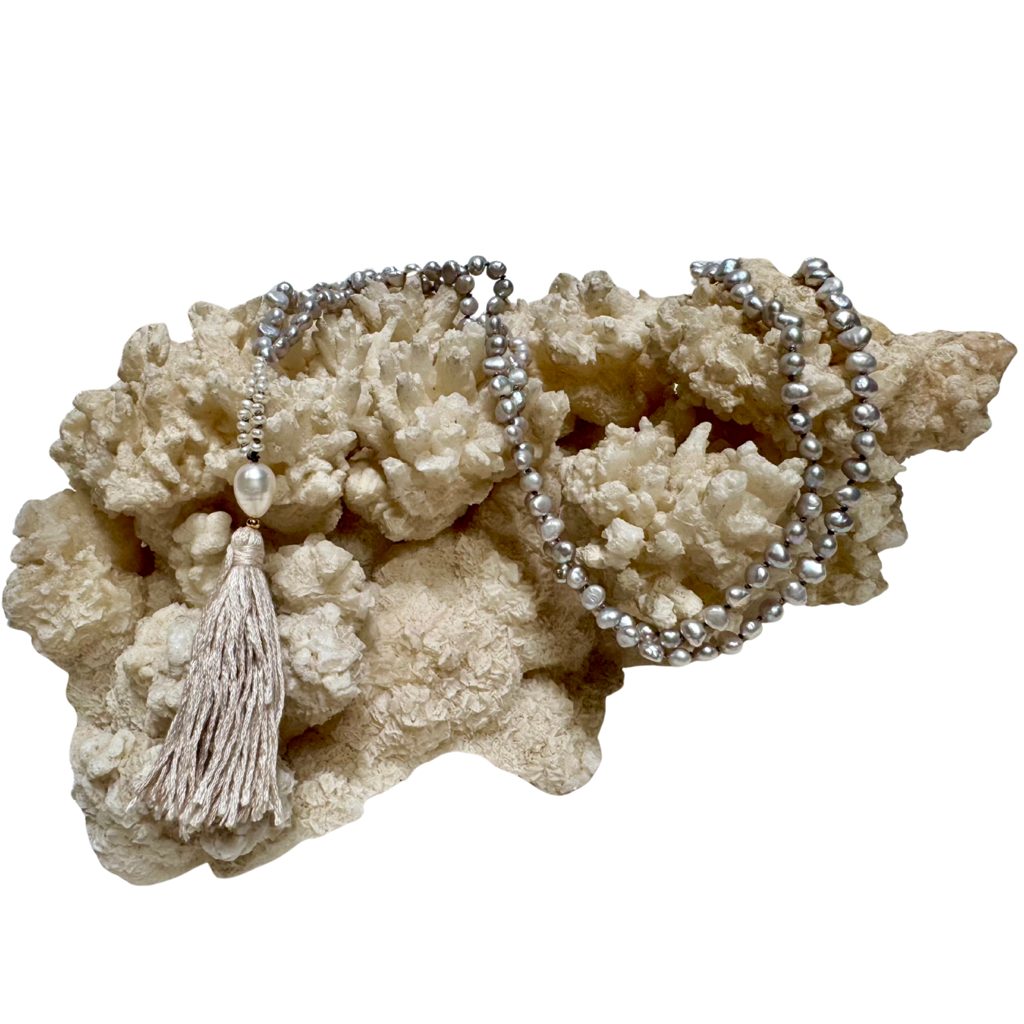 Bhaj Mani Mala | Silver, Grey & White Pearl Mala for Devotional Worship & Love