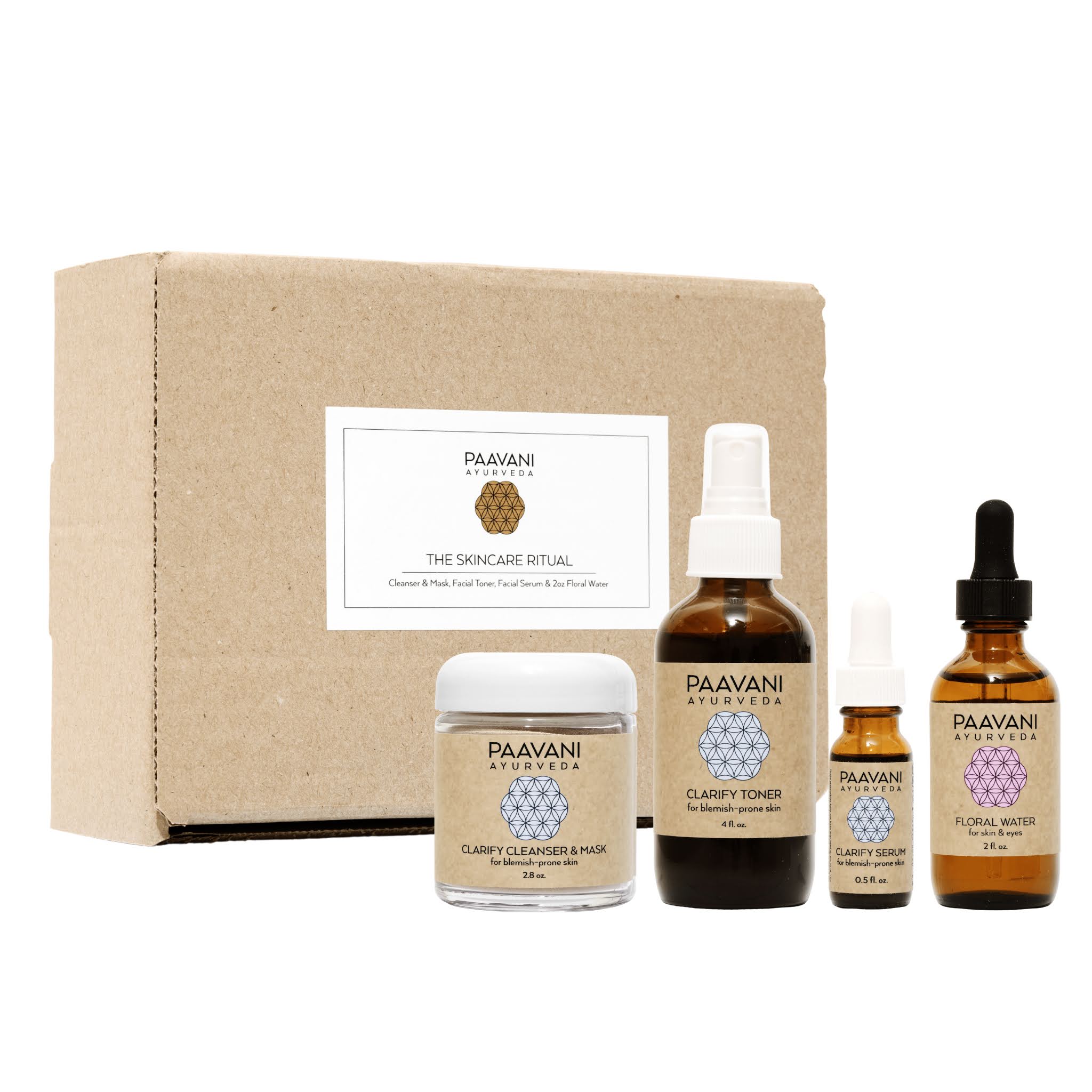 PAAVANI Ayurveda skincare product set including bottles and a box on a white background