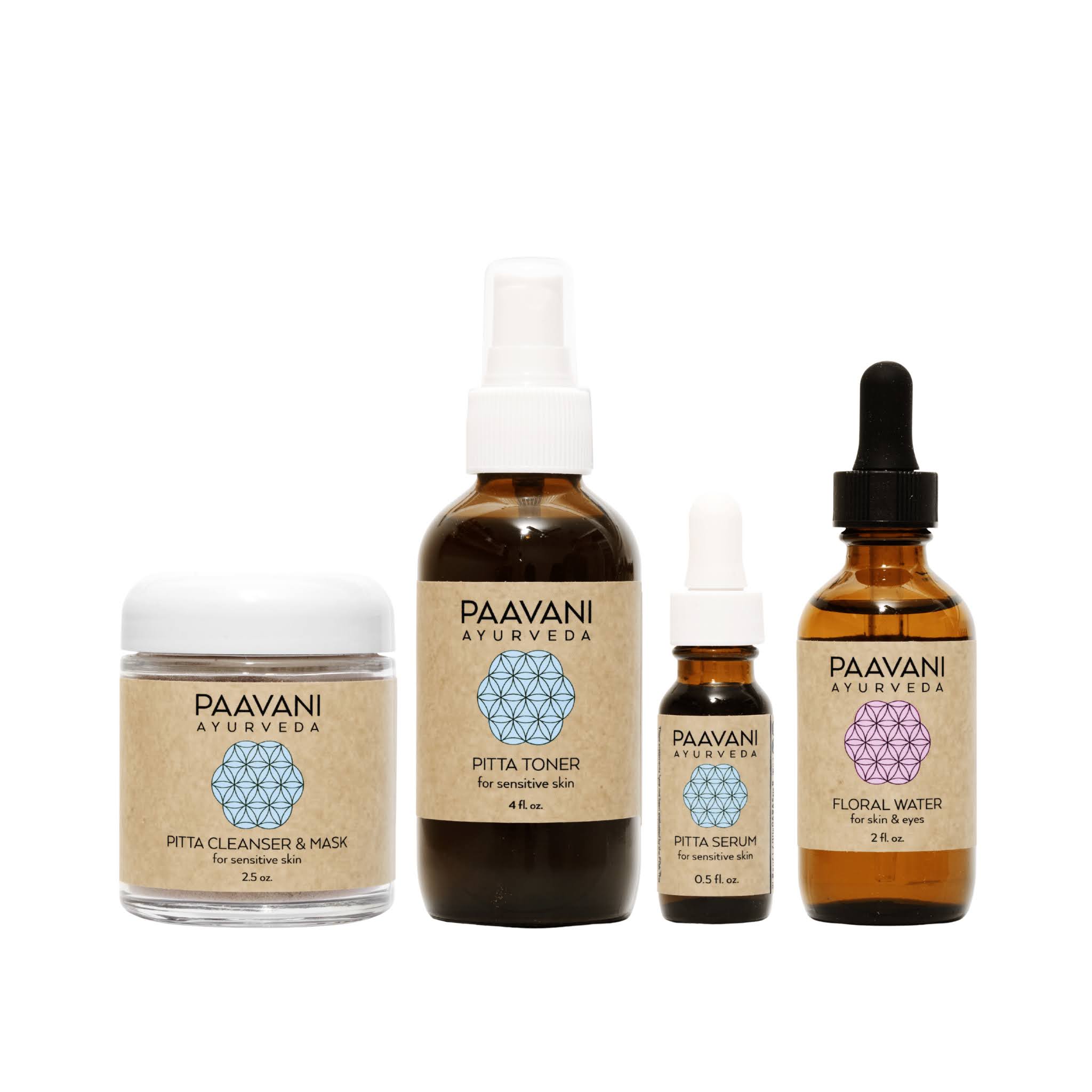 Set of Paavani Ayurveda skincare products on a white background