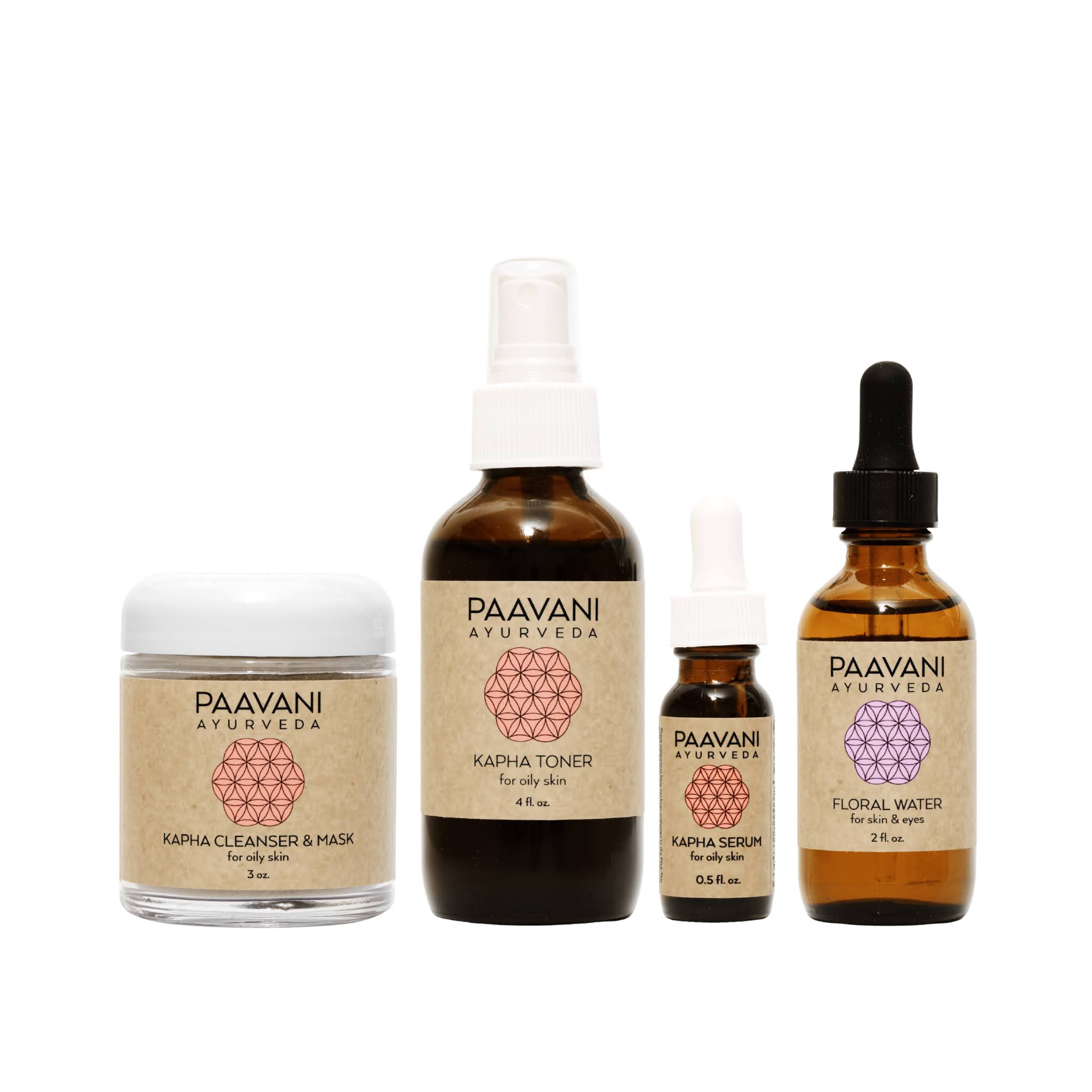 Set of Paavani Ayurveda skincare products on a white background