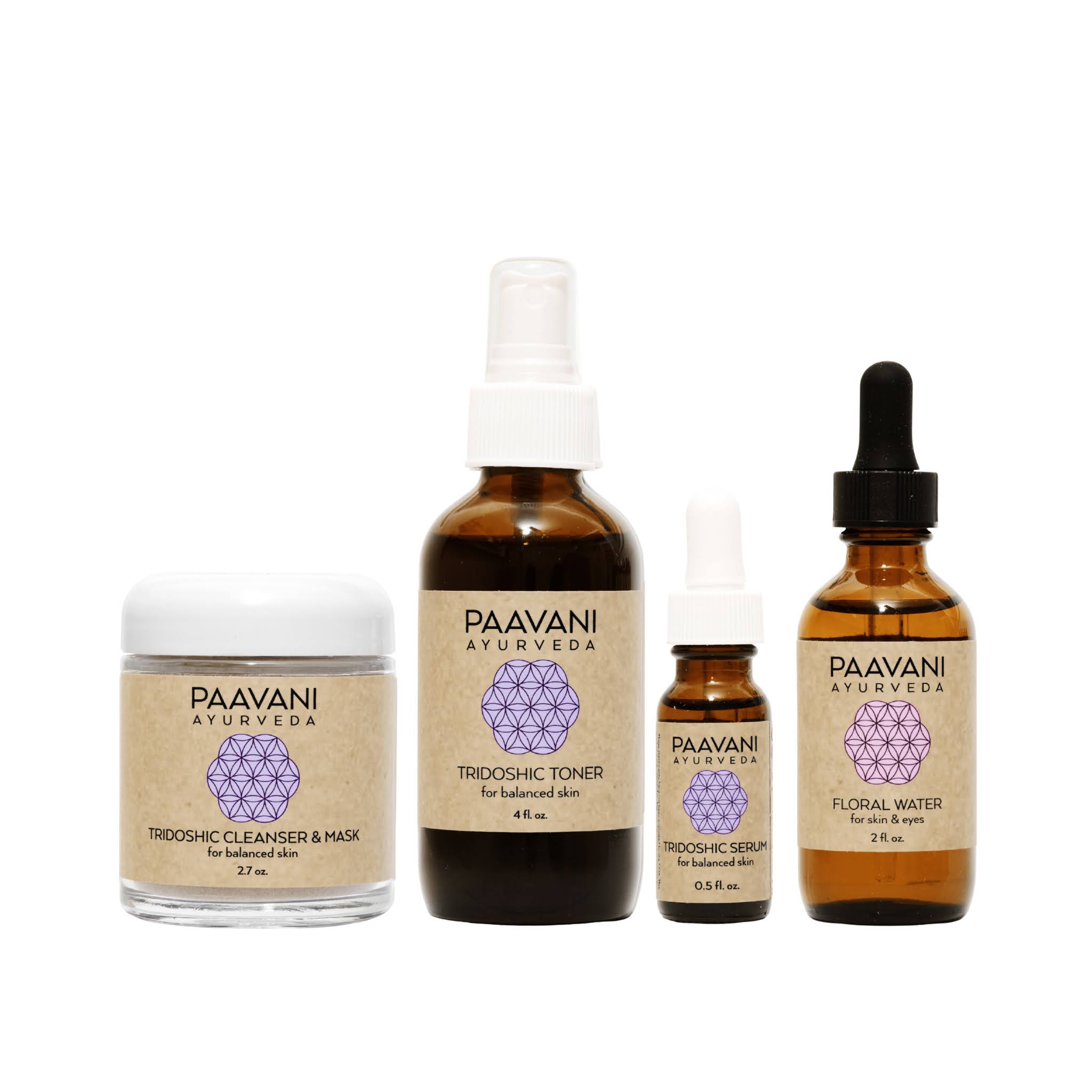 Set of Paavani Ayurveda skincare products on a white background