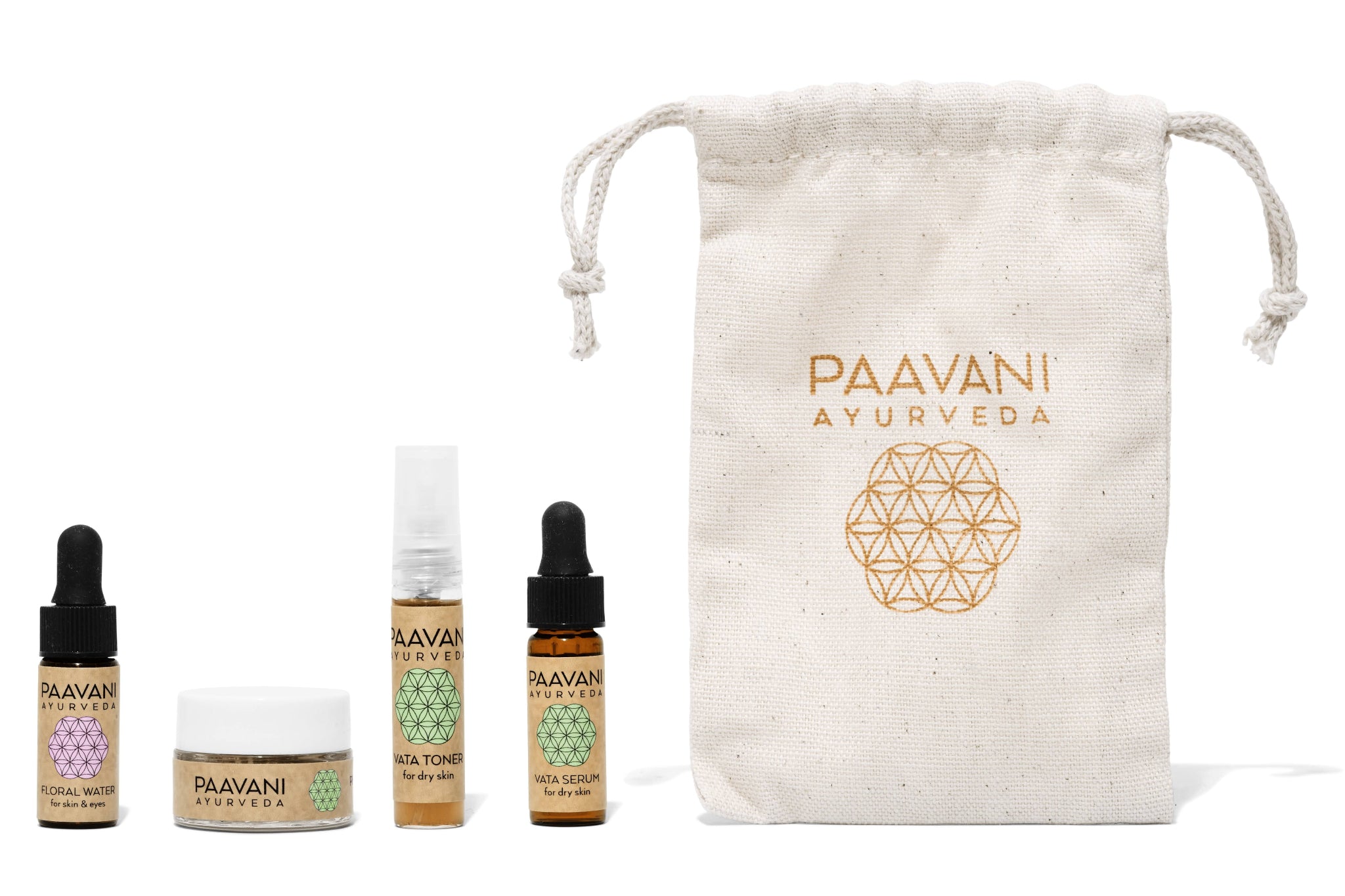 Set of Paavani Ayurveda skincare products including bottles and a pouch on a white background
