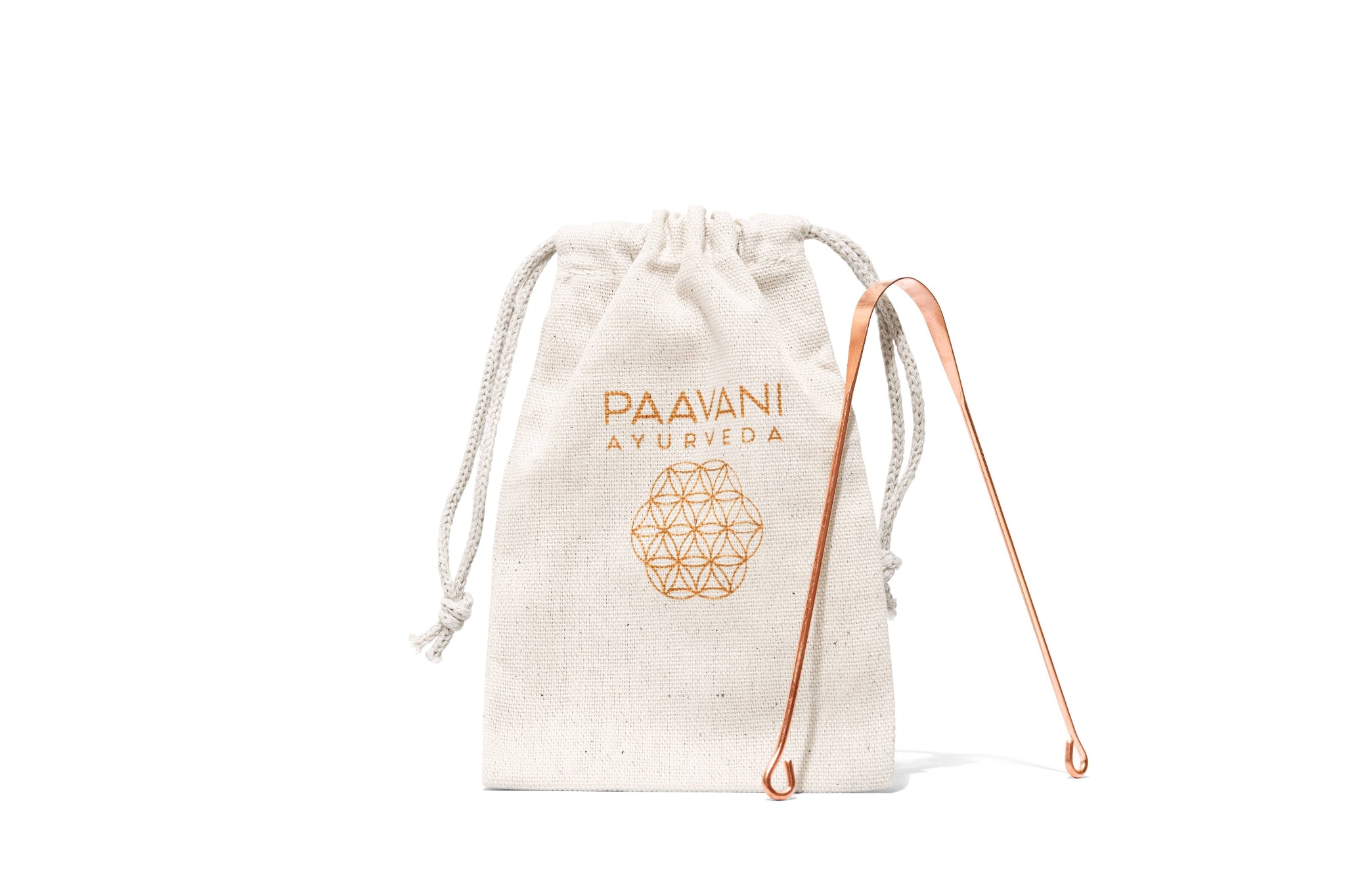 coppper tongue cleaner with White drawstring bag with 'Paavani Ayurveda' logo on a white background