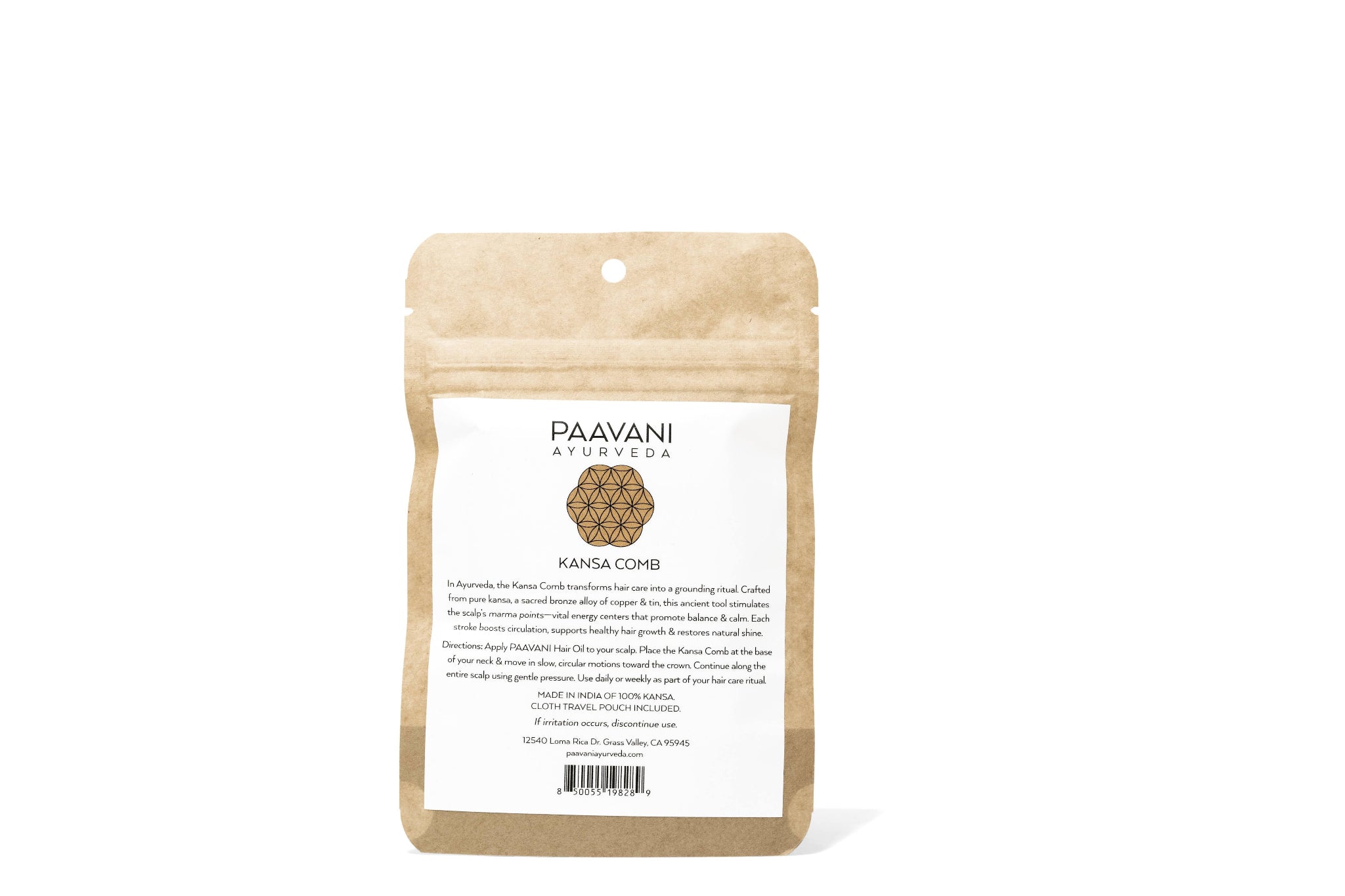 kansa hair comb Paavani Ayurveda product packaging on a white background