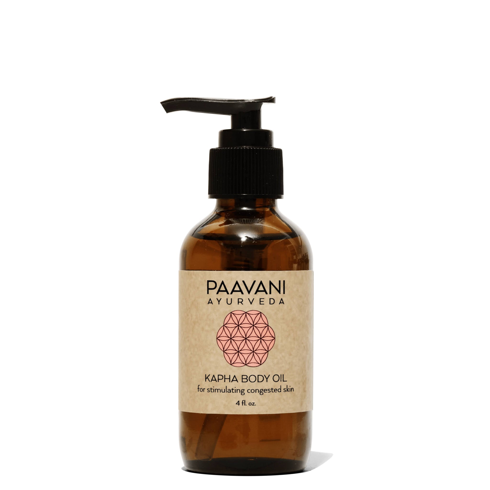 Brown bottle of Paavani Ayurveda Kapha Body Oil with pump on a white background