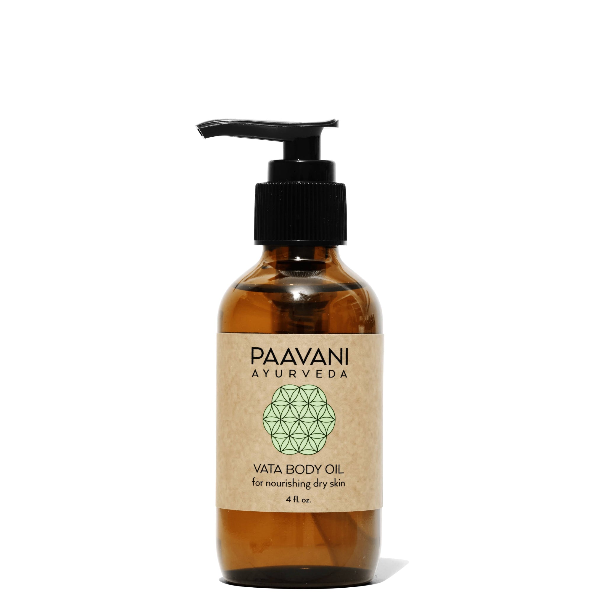 Brown bottle of Paavani Ayurveda Vata Body Oil with pump on a white background
