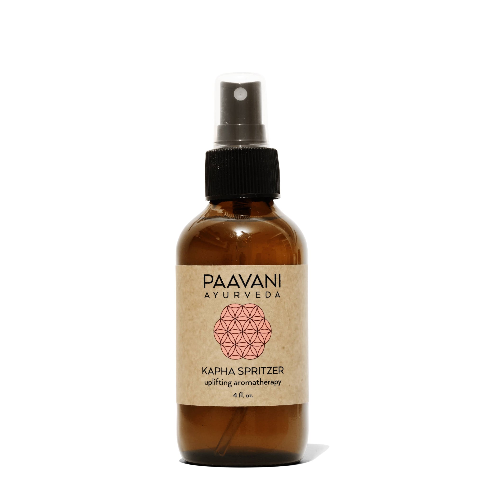 Brown spray bottle with a label on a white background