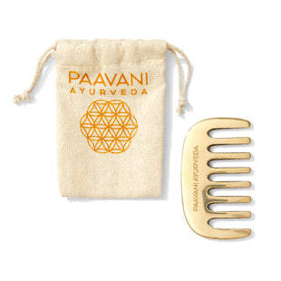 Kansa comb and cloth storage pouch with 'Paavani Ayurveda' branding on a white background