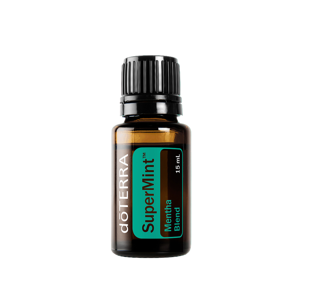 SuperMint Essential Oil bottle on white background