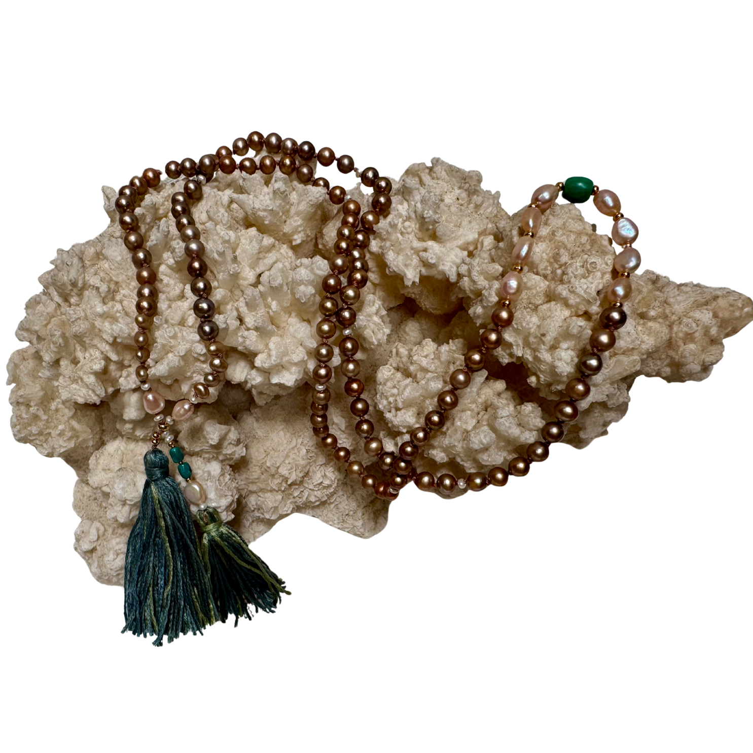 Virya Mala | Chocolate, Pink & White Pearl Mala for Strength, Energy & Courage