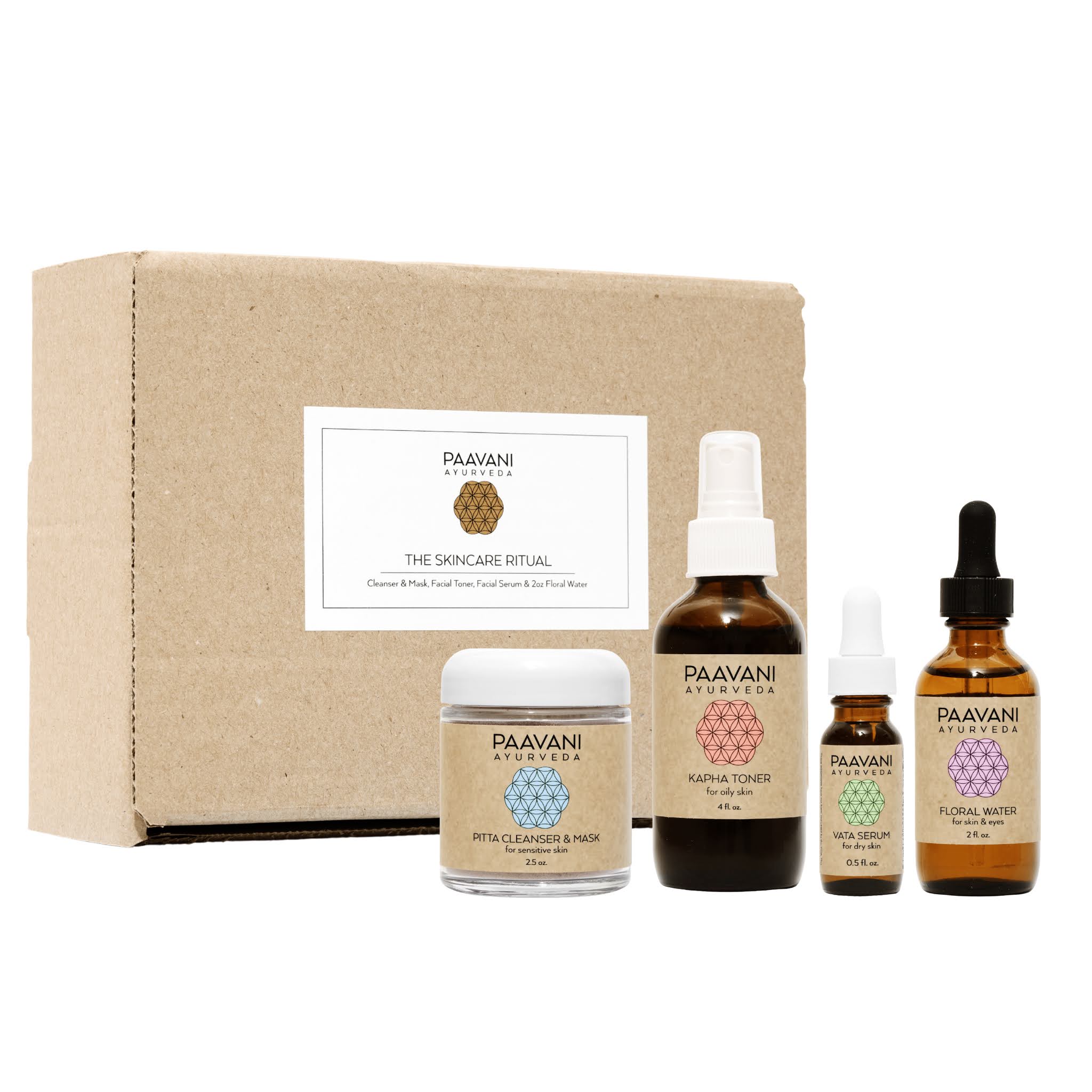 PAAVANI Ayurveda skincare product set with bottles and a box on a white background